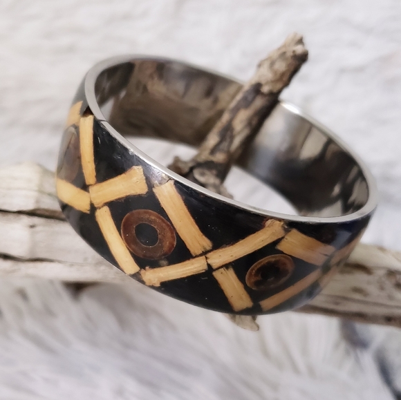 Tribal Wooden Inlay Bangle Bracelet - Picture 2 of 16